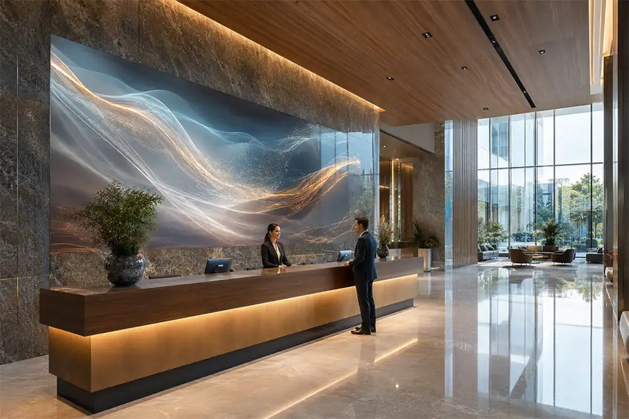 Large-format commercial MicroLED display integrated behind the reception desk of a luxury corporate headquarters.