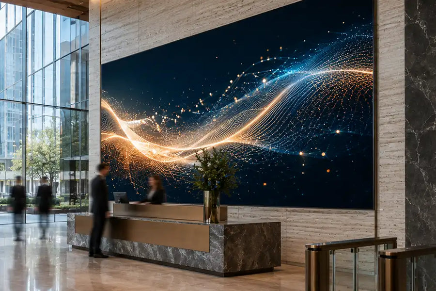 Large-format commercial MicroLED video wall integrated into the reception of a flagship corporate building.