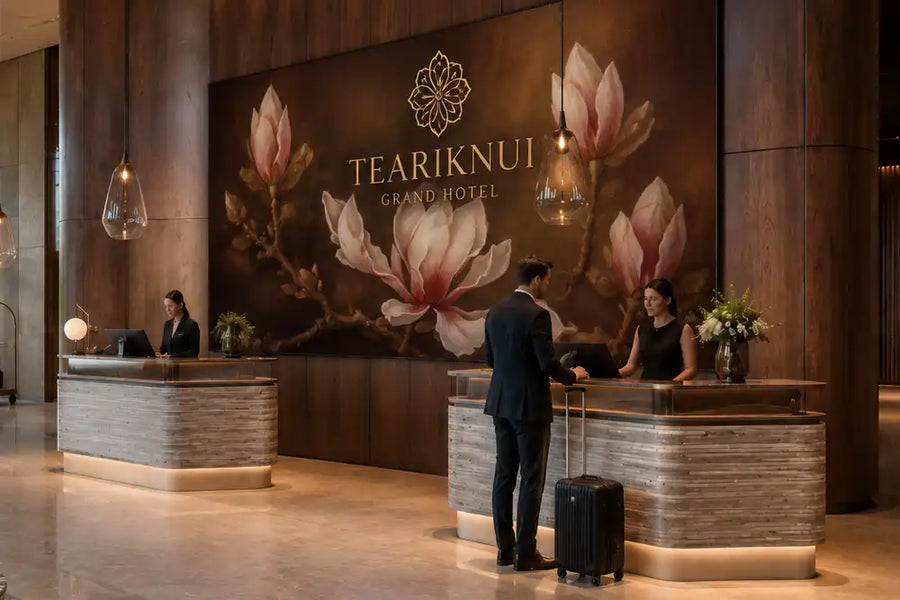 Large-format commercial MicroLED display integrated into a luxury hotel reception, creating a high-impact digital feature behind the check-in desks.