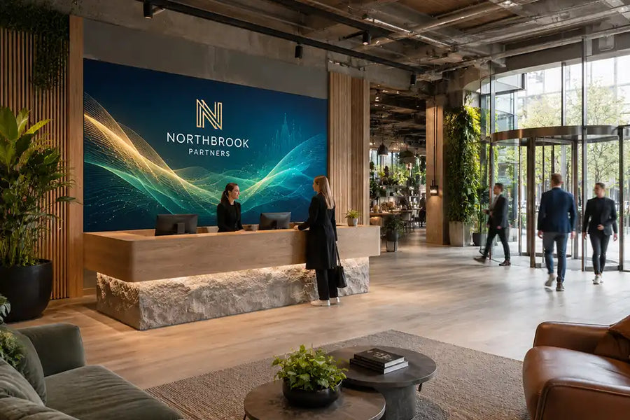 Commercial MicroLED display integrated behind a modern office reception desk, providing a high-impact digital feature in a corporate lobby.