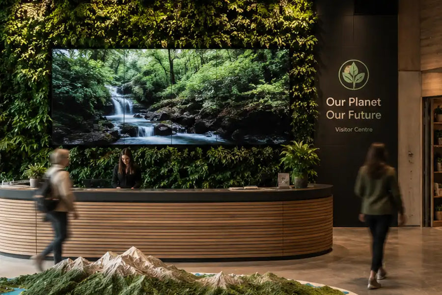 Commercial MicroLED video wall in a visitor centre reception, integrated into a living green wall and displaying immersive nature content.